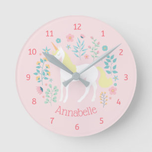 Whimsical Unicorn & Flowers Pink Personalized Round Clock
