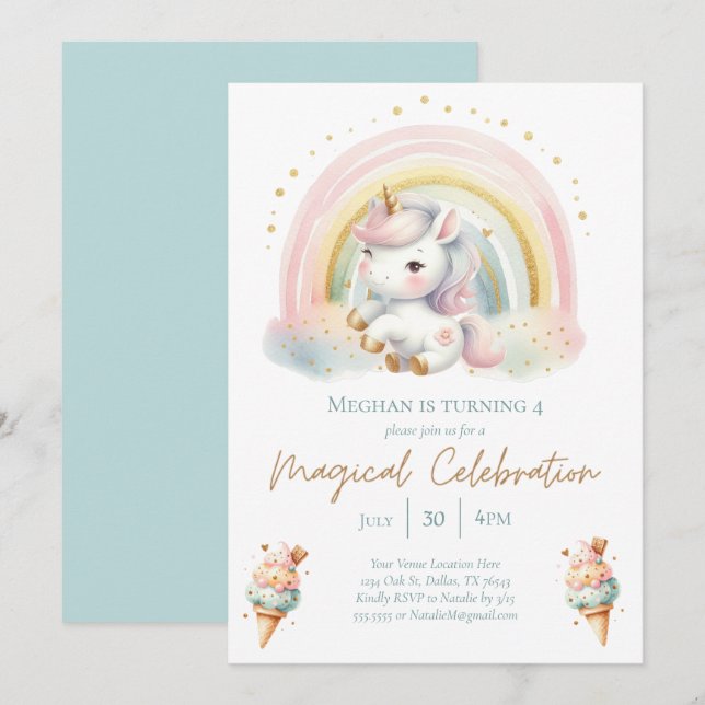 Whimsical Unicorn, Ice Cream & Rainbow Birthday Invitation (Front/Back)