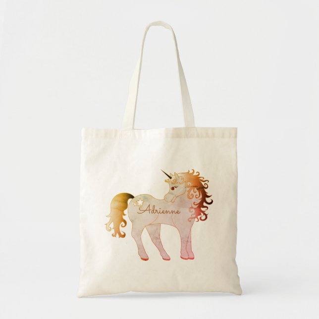 Whimsical Unicorn Name Monogram Tote Bag (Front)