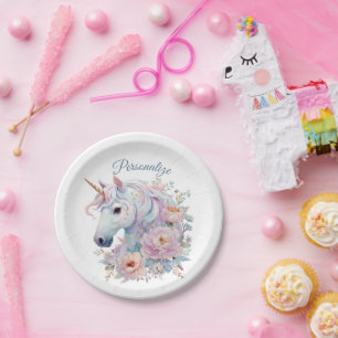 Whimsical Unicorn Pastel Floral Accents Paper Plate