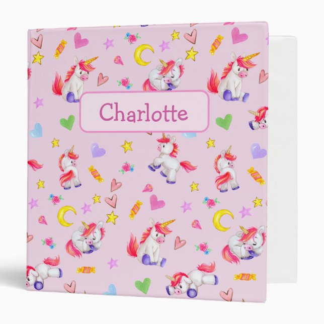 Whimsical Unicorn Pattern Pink Personalized Binder (Front/Inside)
