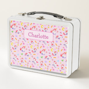  Whimsical Unicorn Pattern Pink Personalized Metal Lunch Box