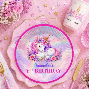 Whimsical Unicorn Pink Purple Girl Birthday Plates