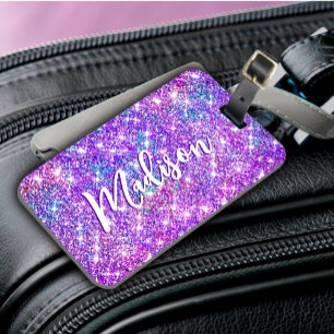 Whimsical unicorn purple glitter monogram luggage tag