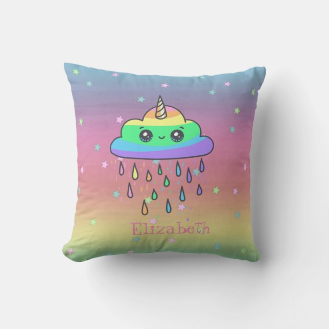 Whimsical  Unicorn Rainbow, Rain ,Ombre Throw Pillow (Front)