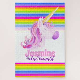 Whimsical unicorn rainbow stripes jigsaw puzzle