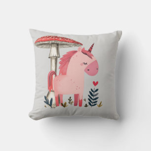 Whimsical Unicorn Under Mushroom Umbrella Square P Throw Pillow