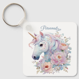 Whimsical Unicorn with Pastel Floral Accents Keychain