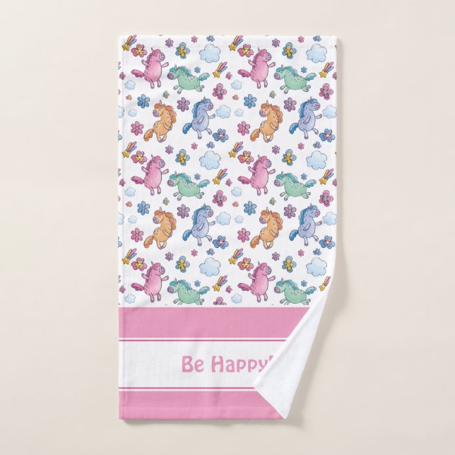 Whimsical Unicorns and Bright Pretty Flowers Bath Towel Set (Hand Towel)