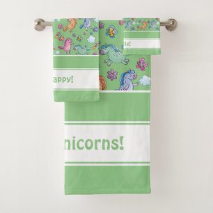 Whimsical Unicorns and Bright Pretty Flowers Bath Towel Set