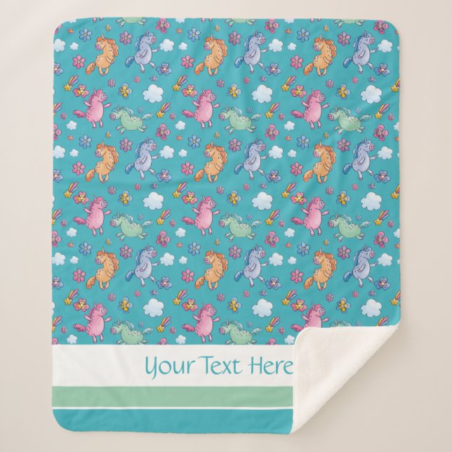 Whimsical Unicorns and Bright Pretty Flowers Sherpa Blanket (Front)
