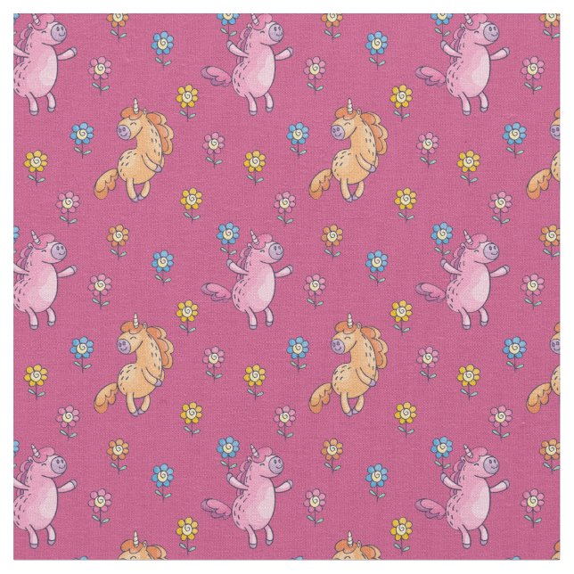 Whimsical Unicorns and Pretty Flowers Pattern Fabric (Close Up)