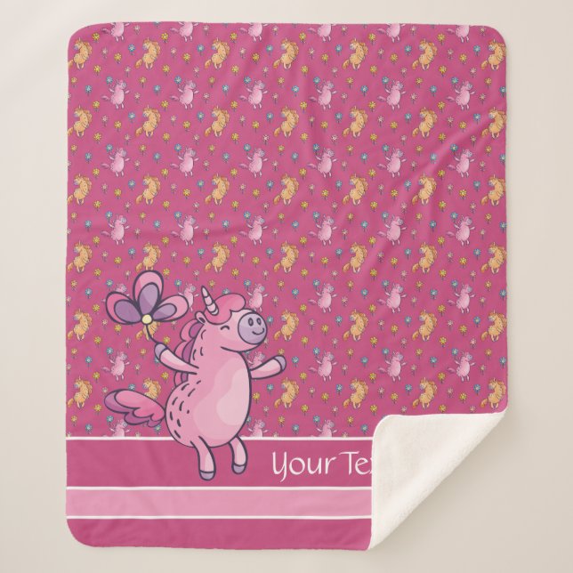 Whimsical Unicorns and Pretty Flowers Pattern Sherpa Blanket (Front)