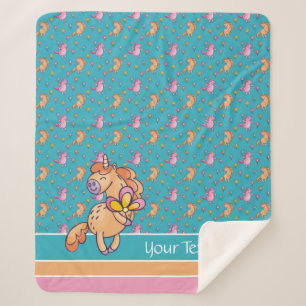 Whimsical Unicorns and Pretty Flowers Pattern Sherpa Blanket