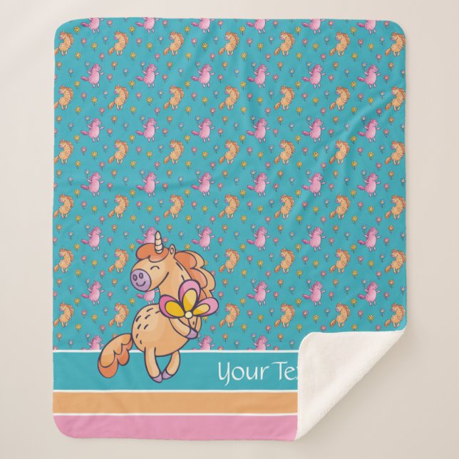 Whimsical Unicorns and Pretty Flowers Pattern Sherpa Blanket (Front)