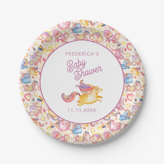 Whimsical Unicorns  Baby Shower Paper Plate (Front)