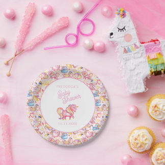 Whimsical Unicorns Girl Baby Shower Paper Plate