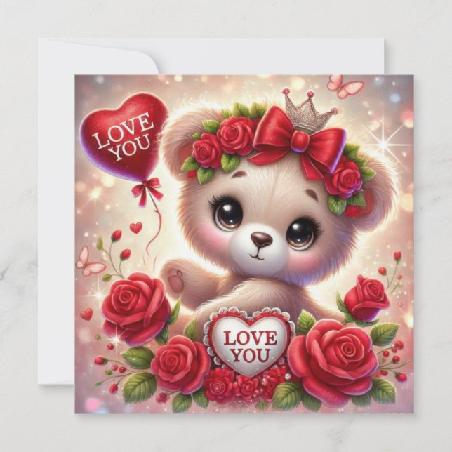Whimsical Valentine teddy bear with red heart  Holiday Card (Front)