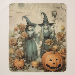 Whimsical Victorian Witches Pumpkin Roses Sherpa Blanket