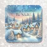 Whimsical Village Christmas Personalized Square Sticker<br><div class="desc">Personalized Christmas stickers or envelope seals.  Ai illustration in a watercolor style of an enchanted whimsical little village in a winter wonderland.</div>
