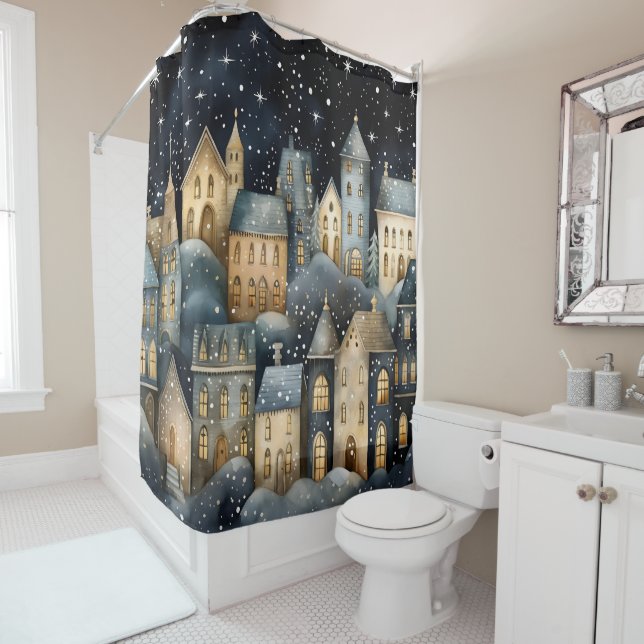 Whimsical Village Starry Skies Navy Gold (In Situ)