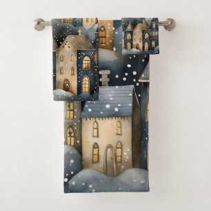 Whimsical Village Starry Skies Navy Gold Bath Towel Set