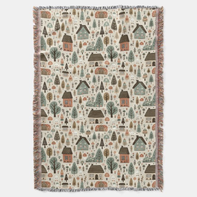 Whimsical Village with Cottages and Trees Throw Blanket (Front Vertical)