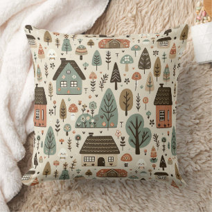 Whimsical Village with Cottages and Trees Throw Pillow