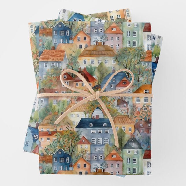 WHIMSICAL VILLAGES AND HOUSES GIFT  WRAPPING PAPER SHEET (In situ)