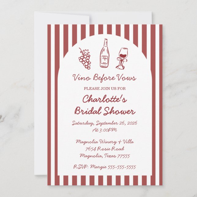 Whimsical Vino Before Vows Burgundy Bridal Shower Invitation (Front)