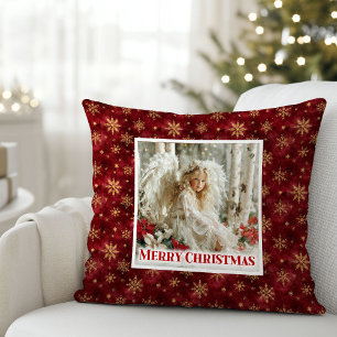 Whimsical Vintage Angel Red Gold Accent Christmas  Throw Pillow