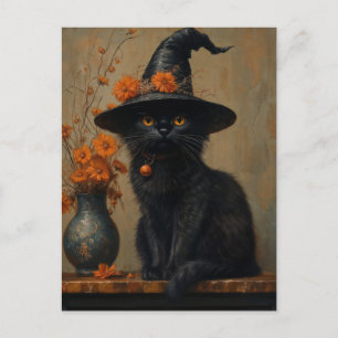 Whimsical Vintage Black Cat in Oil Painting style Postcard