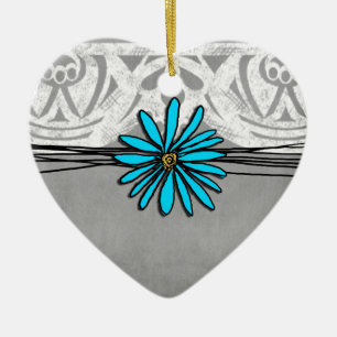 Whimsical Vintage Blue and Grey Daisy Ceramic Ornament