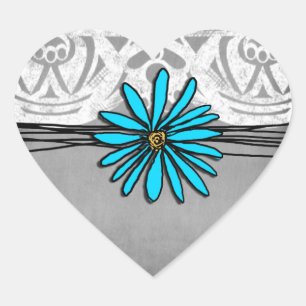 Whimsical Vintage Blue and Grey Daisy Heart Sticker
