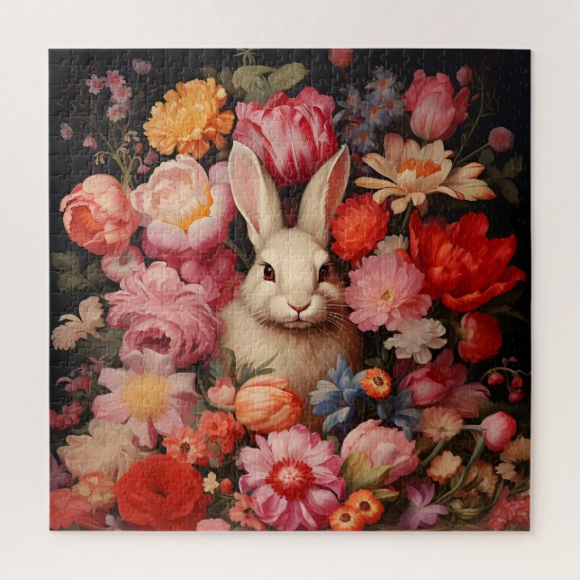Whimsical Vintage Bunny Spring Blooms Jigsaw Puzzle (Vertical)