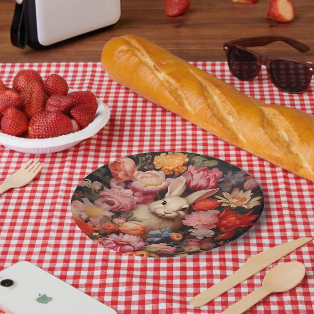 Whimsical Vintage Bunny Spring Blooms Paper Plate (Picnic)