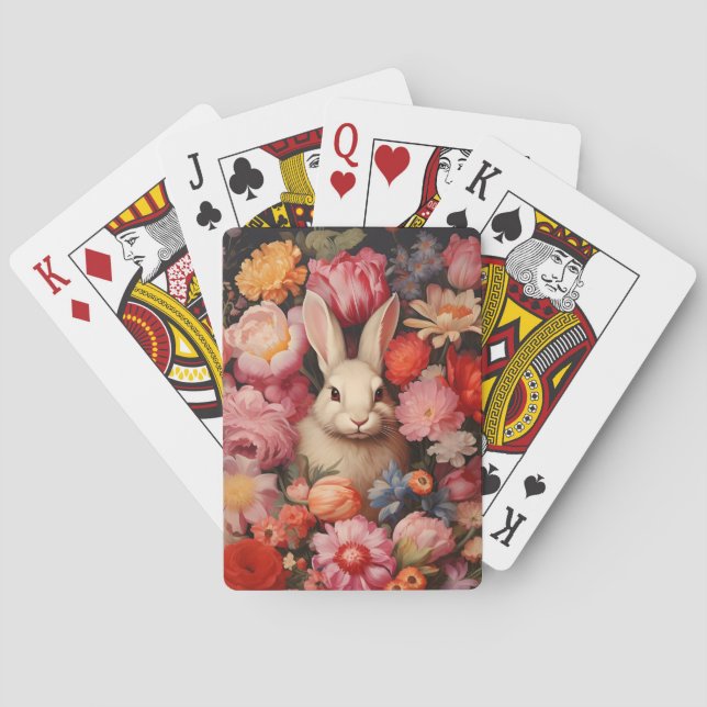 Whimsical Vintage Bunny Spring Blooms Playing Cards (Back)