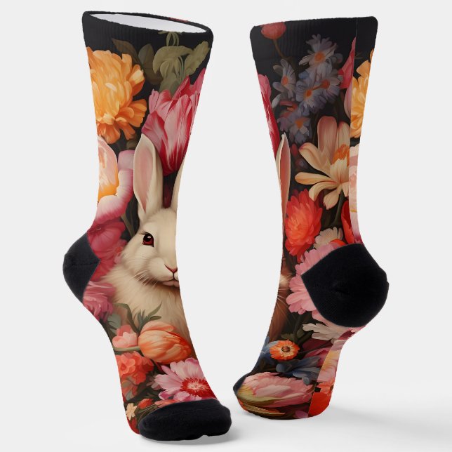 Whimsical Vintage Bunny Spring Blooms Socks (Angled)