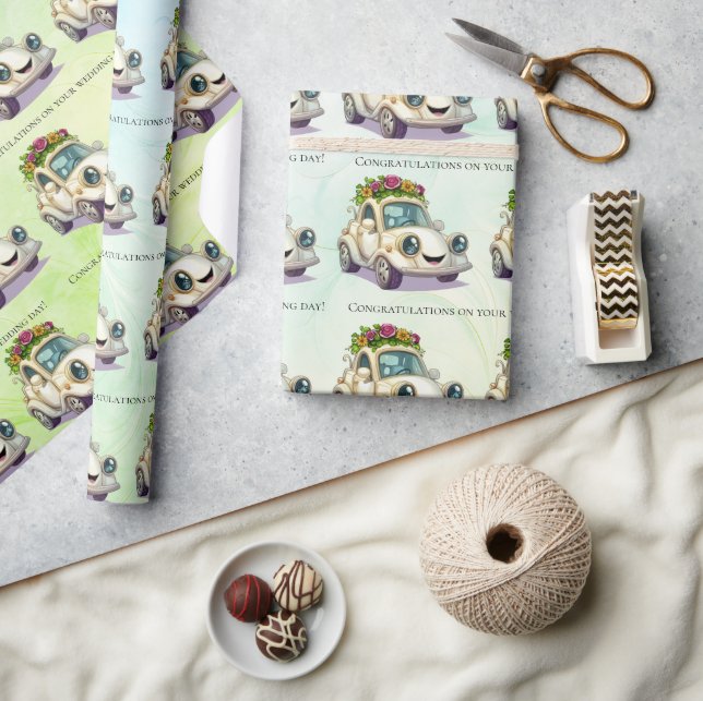 Whimsical Vintage Car Wedding Congratulations  Wrapping Paper (Crafts)