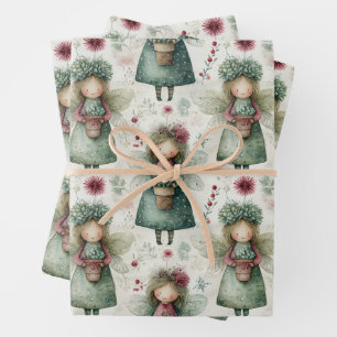 Whimsical Vintage Christmas Angel & Floral Wrapping Paper Sheet