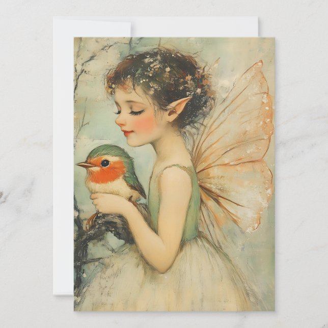  Whimsical Vintage Christmas Fairy with Robin Holiday Card (Front)