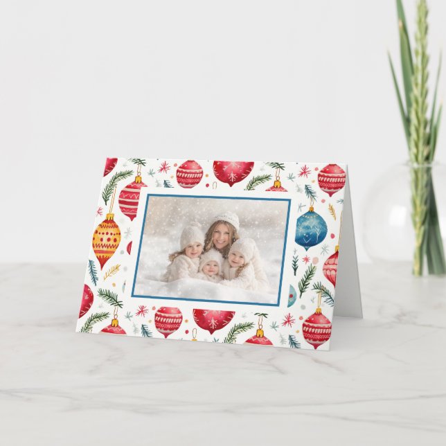 Whimsical Vintage Christmas Ornaments Photo Holiday Card (Front)