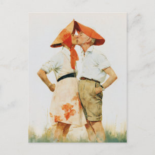 Whimsical Vintage Couple Kiss Illustration Postcard