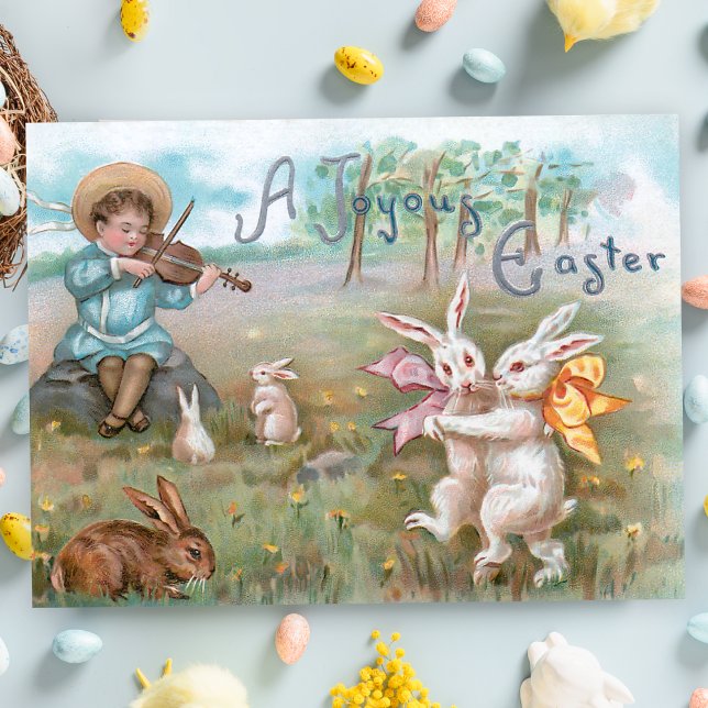Whimsical Vintage Dancing Easter Bunnies Postcard (Creator Uploaded)