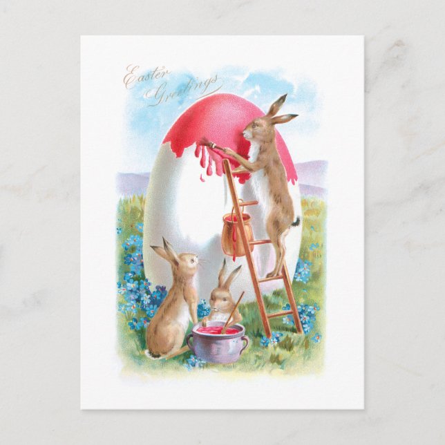 Whimsical Vintage Easter Bunnies and Giant Egg Postcard (Front)