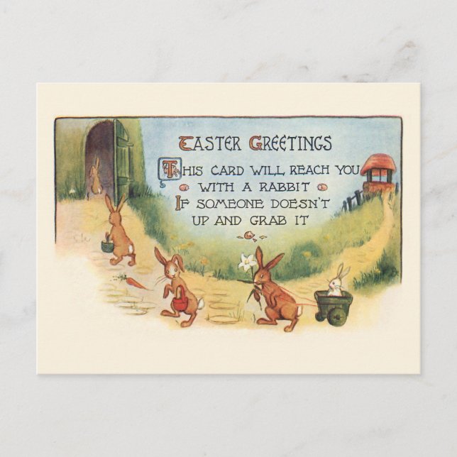 Whimsical Vintage Easter Bunnies and Greeting Postcard (Front)