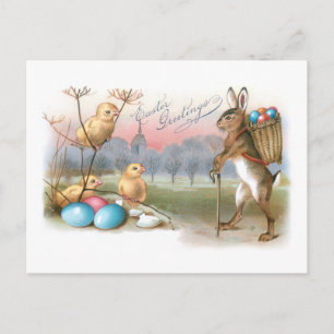 Whimsical Vintage Easter Bunny, Chicks and Eggs Postcard