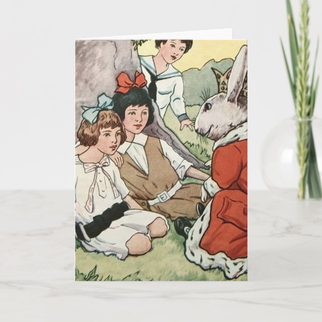 Whimsical Vintage Easter Bunny & Children Painting Holiday Card (Front)