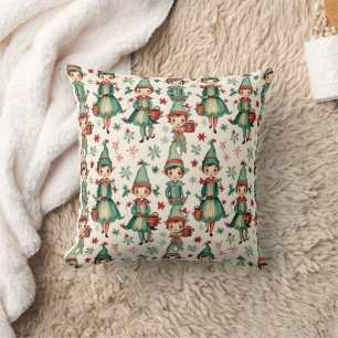 Whimsical Vintage Elves Christmas Seasonal Décor Throw Pillow