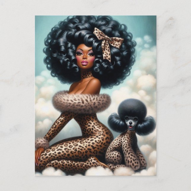 Whimsical Vintage Glamour: Afro Pin-Up Leopard  Postcard (Front)